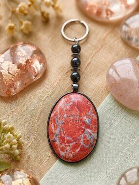 Genuine Stone Beaded Keychain Orange Black Boho Gift